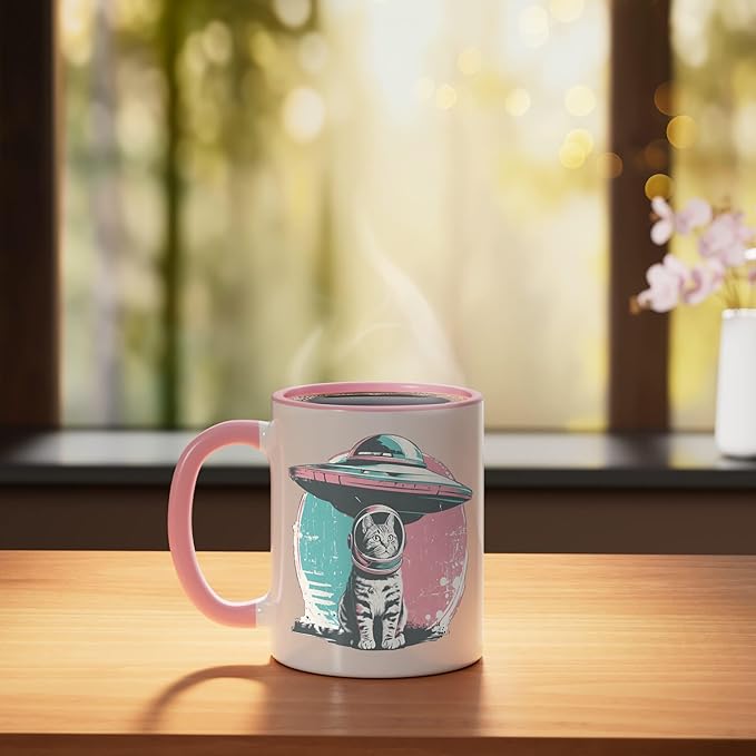 Retro UFO Cat Astronaut Alien Sci Fi Space Funny Pastel Ceramic Mug, Pink/White