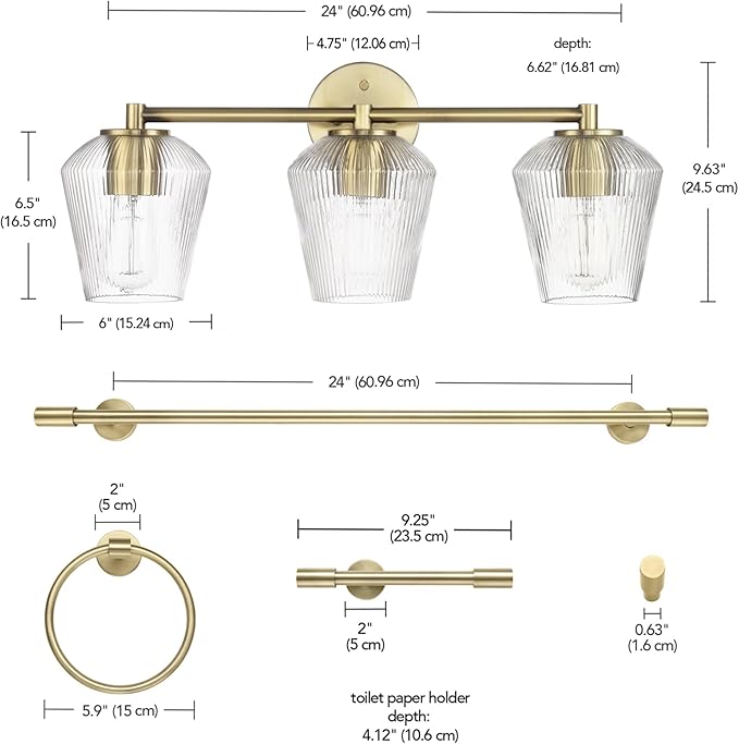 GLOBE Electric 63000063 5-Piece All-in-One Bathroom Set, Matte Brass Finish, 3-Light Vanity Light, Glass Shades, Towel Bar, Toilet Paper Holder, Towel Ring, Robe Hook, Bathroom Lights Over Mirror