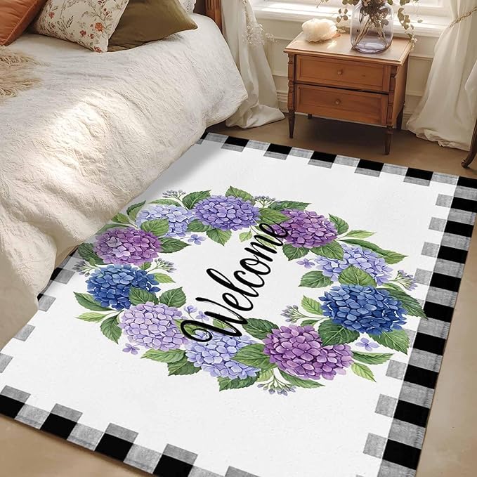 Area Rug 3x5ft, Summer Hydrangea Leaf Washable Rugs for Living Room Bedroom, Purple Blue Flower Buffalo Check Soft Non-Slip Area Rugs Rectangle Floor Carpet for Dining Room