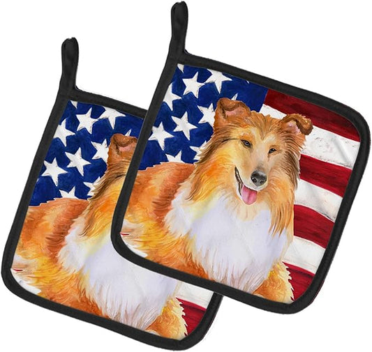 Caroline's Treasures BB9720PTHD Sheltie Patriotic Pair of Pot Holders Kitchen Heat Resistant Pot Holders Sets Oven Hot Pads for Cooking Baking BBQ, 7 1/2 x 7 1/2