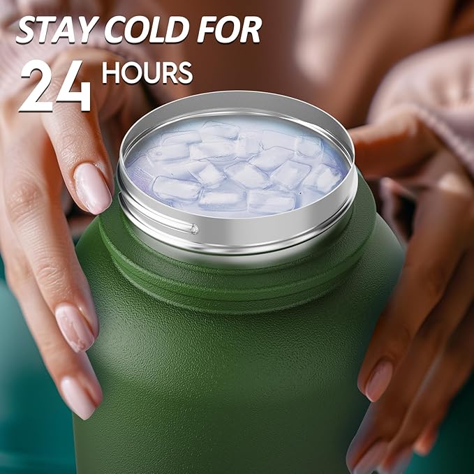 Navigate 32 oz Insulated Stainless Steel Sports Water Bottle with Spout & Handle Lids,Wide Mouth Water Jug with Double Walled Leak Proof Keep Cold for 24 Hrs Hot for 12 Hrs,Dark Green