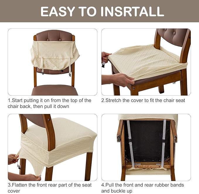 Genina Waterproof Seat Covers for Chairs,Set of 2 Dining Room Chair Seat Covers for Kitchen,Stretch Jacquard Removable Washable Dining Chair Slipcovers Protectors with Rear Covers, White