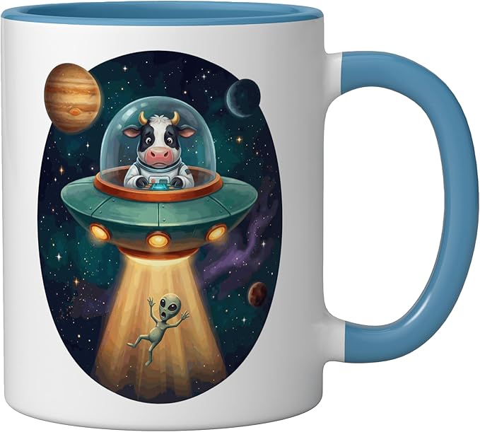 Fuuny Cow Astronaut UFO Abducting Alien Space Farm Ceramic Mug, Blue/White