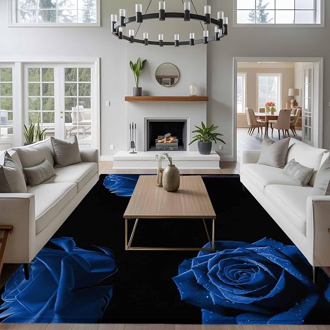Area Rug 6x9ft, Abstract Garden Blue Rose Washable Rugs for Living Room Bedroom, Classic Country Floral Soft Non-Slip Area Rugs Rectangle Floor Carpet for Dining Room