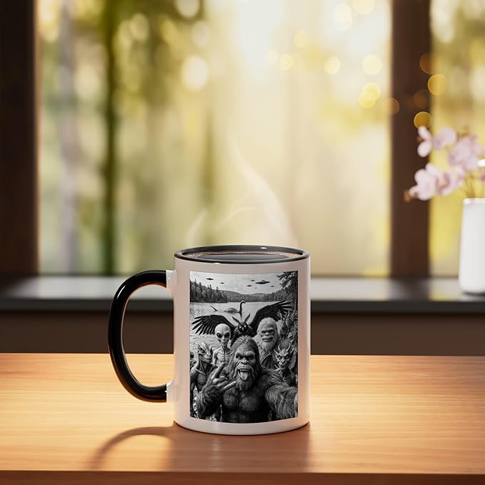 Bigfoot Alien Loch Ness Monster UFO Cryptids Selfie Ceramic Mug, Black/White