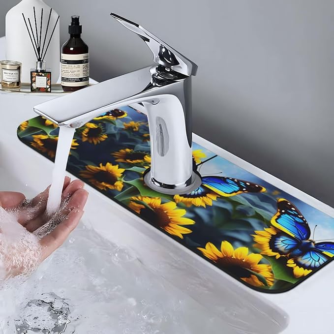 Sunflower Blue Butterfly Printed Faucet Absorbent mat, Suitable for bathrooms, Kitchens, and Other Sink Areas.