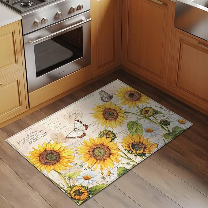 Sunflower Farmhouse 2x3 Door Mat Rug, Retro Floral Butterflies Non-Skid Rubber Backing Large Rectangle Rugs - Living Room Bedroom Home Office, Spring Summer Indoor Floor Mat Carpets Washable Rug