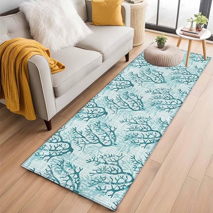 Runner Rug for Bedroom Hallway, Coastal Sea Coral Retro Linen Kitchen Runner Rugs Area Rug 2x6ft, Underwater Ocean Life Washable Soft Floor Carpet for Entryway Stair