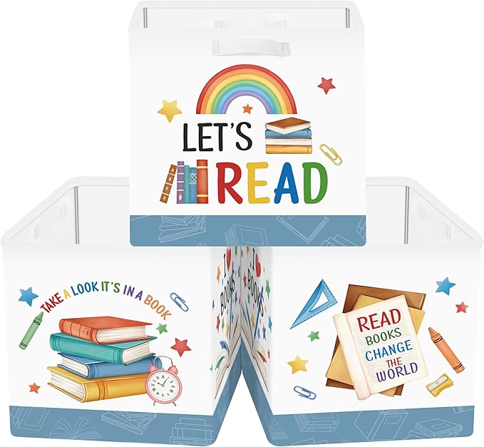 Clastyle Education Storage Cube Organizer Set Handle Closet Clothes Cube with Metal Frame Foldable Parents Organizer Storage Basket for Book Toy,Rainbow Book,11.8x11.8x11.8 in