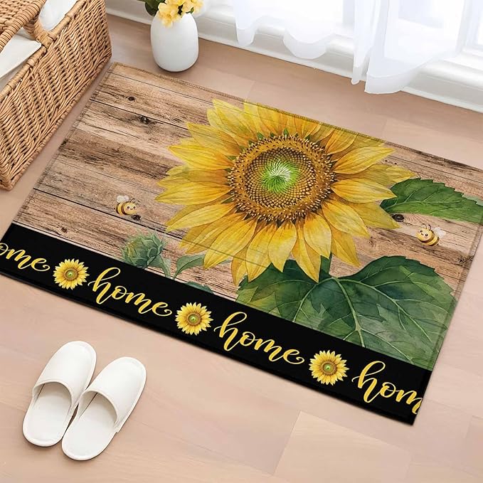 Area Rug 2x3ft, Summer Sunflowers Bees Washable Rugs for Living Room Bedroom, Farmhouse Wood Background Soft Non-Slip Area Rugs Rectangle Floor Carpet for Dining Room