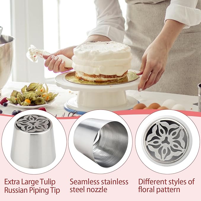 Extra Large Russian Piping Tip Set - 10 Stainless Steel Marshmallow Buttercream Framing Nozzles for Roses Tulip Cake Decorations and Bouquets, Includes 1 Leaf Nozzles and 1 Cleaning Brush(10A)