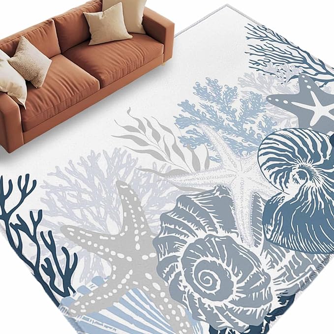 Area Rug 8x10ft, Underwater Blue Shells Starfish Coral Washable Rugs for Living Room Bedroom, Summer Botantical Soft Non-Slip Area Rugs Rectangle Floor Carpet for Dining Room