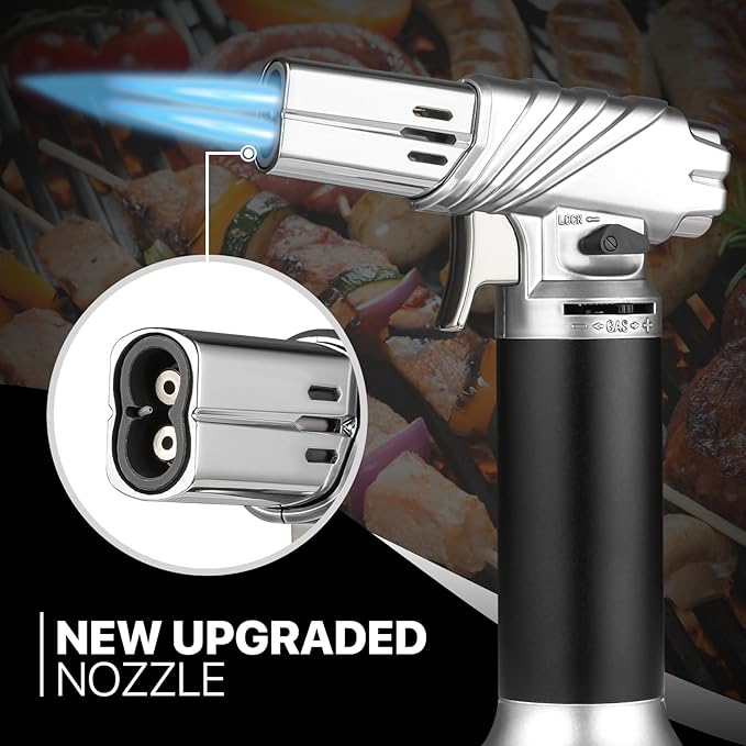 mollie Mini Butane Torch Lighter with Adjustable Flame, Small Refillable Kitchen Cooking Blow Torch for Creme Brulee, Windproof Baking Torch with Safety Lock, Silver 2-Pack (Butane Gas Not Included)