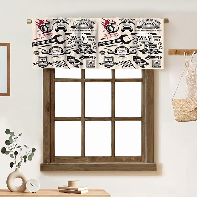 Retro Man Valances Curtains, Car Repair Shop Logos Monochrome Car Silhouettes Best Garage in Town, Windows Short Curtain Valance for Kitchen Bedroom Bathroom with Rod Pocket, 1 Panel 54X18 Inches