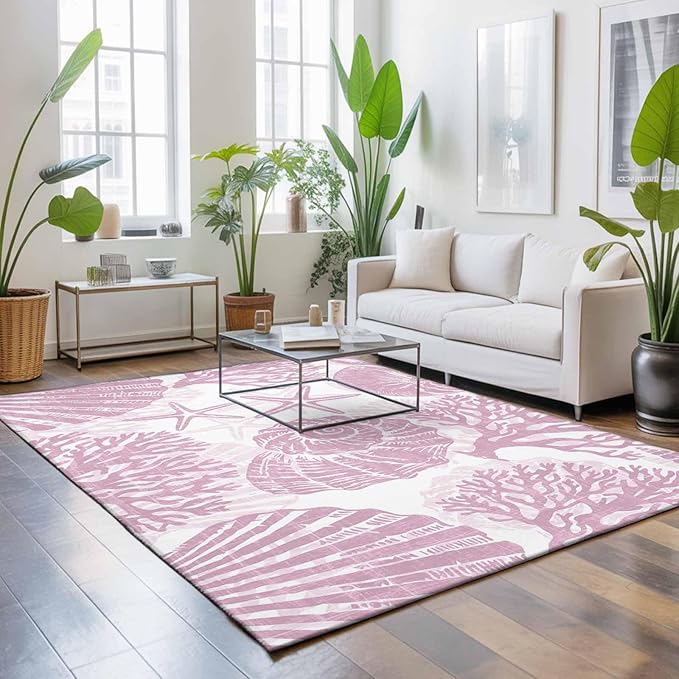 Area Rug 9x12ft, Watercolor Summer Marine Creature Washable Rugs for Living Room Bedroom Rectangle Floor Carpet, Pink Starfish Shell Conch Soft Non-Slip Area Rugs for Dining Room