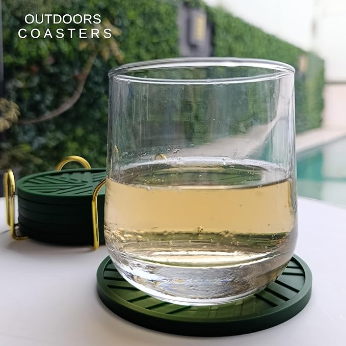 Silicone Drink Coasters, Set of 6, with Smart, Modern Groove Patterns and Gold Holder, Protects Your Coffee Table, Home Office Bar Decor, Olive Green