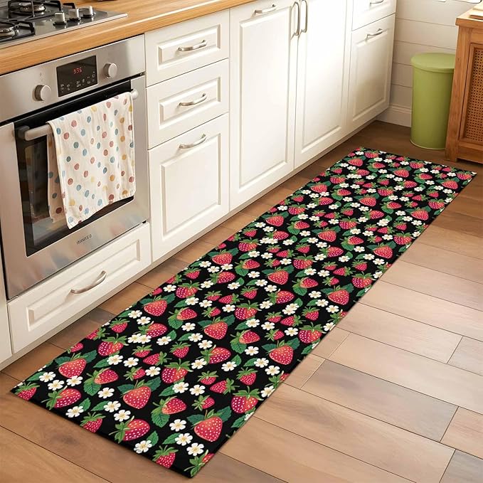 Runner Rug for Bedroom Hallway, Red Strawberry Litter Flower Leaves on Black Kitchen Runner Rugs Area Rug 2x6ft, Summer Fruit Washable Soft Floor Carpet for Entryway Stair