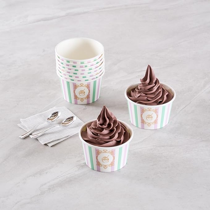 Coppetta 8 Ounce Dessert Cups, 50 Greaseproof Ice Cream Cups - Lids Sold Separately, For Hot And Cold Foods, Purple And Blue Stripe Paper Yogurt Bowls, Disposable, Sturdy - Restaurantware