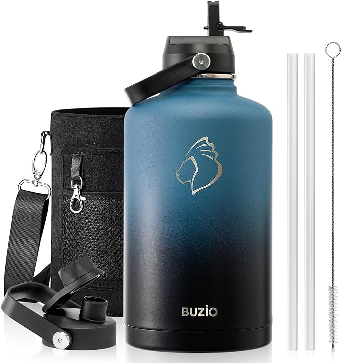 Half Gallon Stainless Steel Water Bottle with Straw Lid and Flex Cap, 87oz Modern Double Vacuum Stainless Steel Water Flask, Cold for 48 Hrs Hot for 24 Hrs Simple Thermo Canteen Mug,Indigo Crush