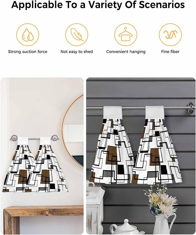 Alandar Home Kitchen Tie Towel Set of 2, Brown Black Geometric Lines Art Absorbent Soft Hand Towels for Bathroom Hanging Towels, Abstract Color Block Fast Drying Cleaning Cloth with Loop