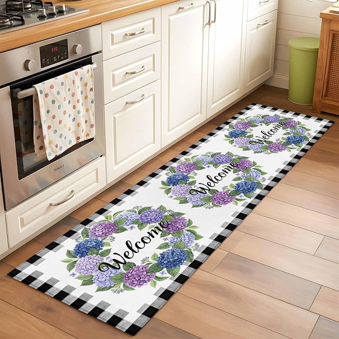 Runner Rug for Bedroom Hallway, Summer Hydrangea Leaf Kitchen Runner Rugs Area Rug 2x6ft, Purple Blue Flower Buffalo Check Washable Soft Floor Carpet for Entryway Stair