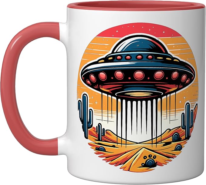 Retro UFO Desert Abduction Scene | Vintage Sci-Fi Ceramic Mug, Red/White