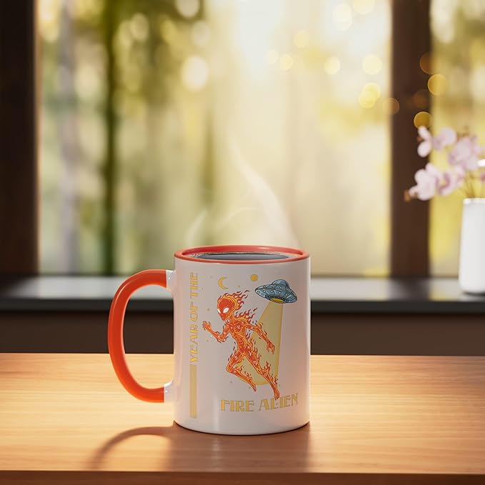 Year of the Fire Alien Chinese Zodiac Celestial Astrology Ceramic Mug, Orange/White