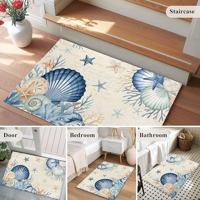 Area Rug 2x3ft, Summer Blue Shells Starfish Washable Rugs for Living Room Bedroom, Vintage Coral Shells Fish Soft Non-Slip Area Rugs Rectangle Floor Carpet for Dining Room