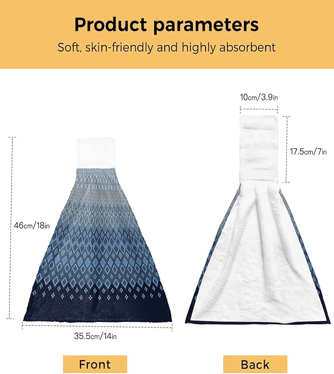 Alandar Home Kitchen Tie Towel Set of 1, Geometric Art Diamond Checker Absorbent Soft Hand Towels for Bathroom Hanging Towels, Modern Blue Ombre Gradient Fast Drying Cleaning Cloth with Loop