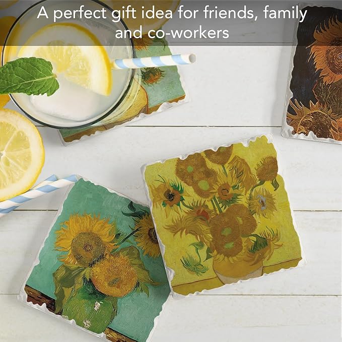 Thirstystone Van Gogh Sunflowers 4 Pack Assorted Tumbled Tile Stone Coasters with Protective Cork Backing Manufactured in The USA Absorbent Easily Wipes Clean