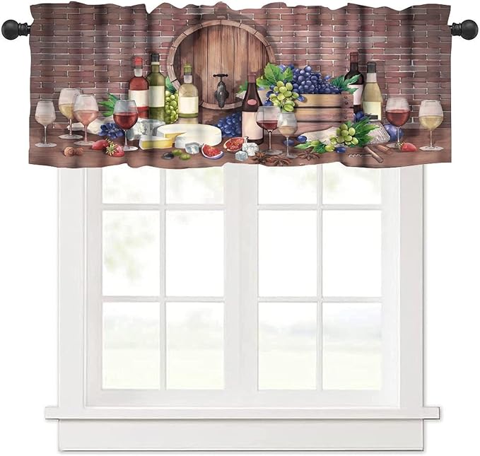 Rustic Wine Cellar Curtain Valance, Watercolor Wine Cheese Party Backdrop Farm Decor Short Window Drapes for Kitchen Dining Bedroom Living Room Bar, 54x18Inch