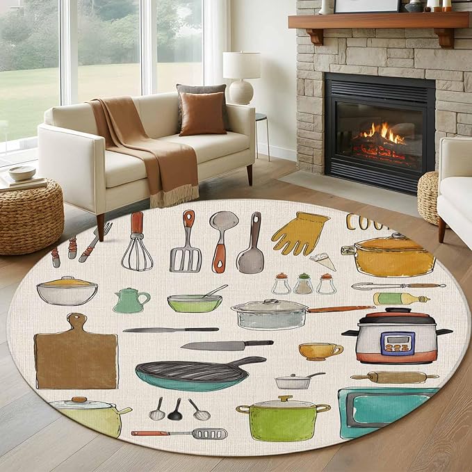 Cooking Kitchenware Kitchen Tool Pattern Round Rugs 5ft for Living Room Washable Circle Rug Non-Slip Carpet Soft Mat for Bedroom Dining Room Bathroom Home Holiday Decorations Indoor