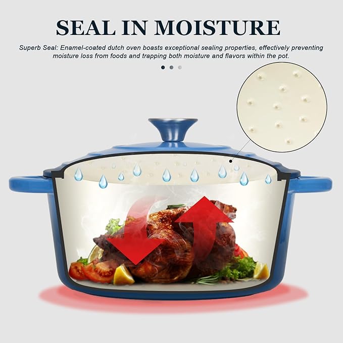 Overmont Enameled Cast Iron Dutch Oven - 7QT Pot with Lid Cookbook & Cotton Potholders - Heavy-Duty Cookware for Braising, Stews, Roasting, Sourdough Baking blue