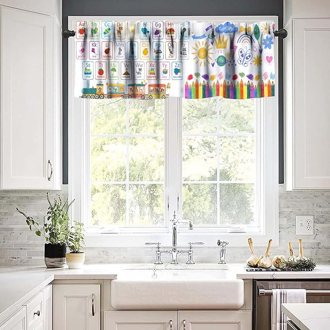 Kids ABC Alphabet Valance, Colorful Cartoon Style Educational Learning Letter Train Crayon Small Window Treatment for Kitchen Dining Room Bedroom Nursery Classroom, 54x18Inch
