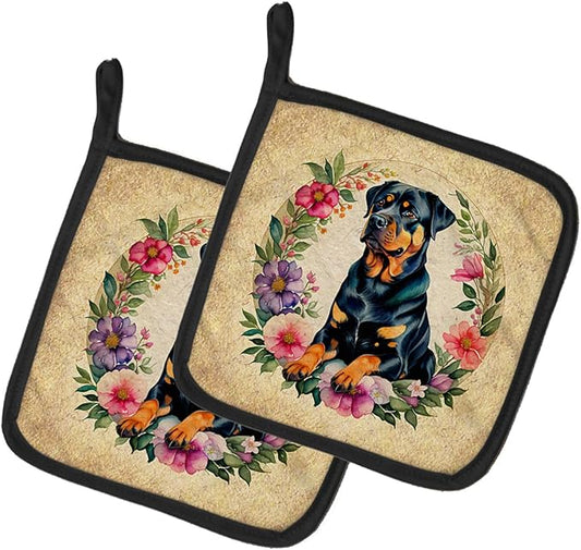 Caroline's Treasures Rottweiler and Flowers Pair of Pot Holders Kitchen Heat Resistant Pot Holders Sets Oven Hot Pads for Cooking Baking BBQ, 7 1/2 x 7 1/2