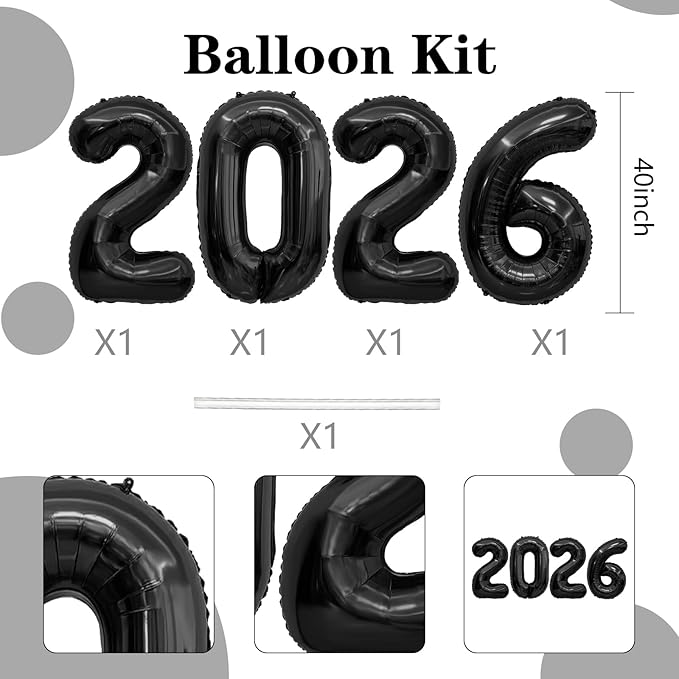 2026 Balloons, 40 inch 2026 Black Number Balloons, 2026 Happy New Years Decorations, Large Foil Balloons Number for New Years Eve Party Supplies 2026, Class of 2026 Graduation Decorations