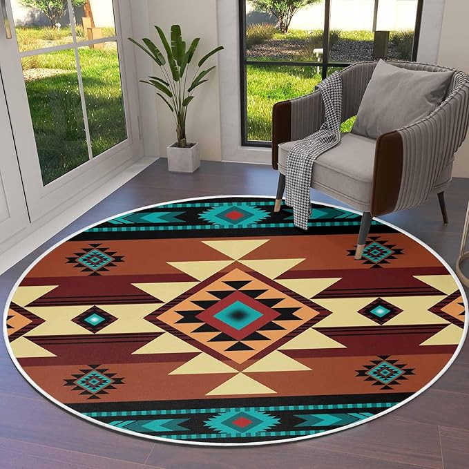 Round Area Rug,Aztec Ethnic Style Color Block Circle Living Room Rug Non-Slip Rugs Indoor Carpet,Abstract Geometric Native American Soft Comfort Rugs for Bedroom KidsRoom Nursery