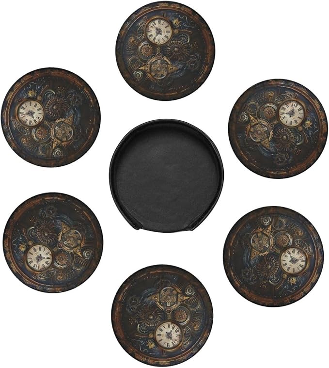Steampunk Clocks Leather Drinks Coasters with Holder, Set of 6, Suitable for Various Cups