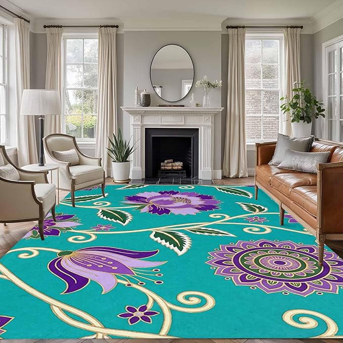 Area Rug 9x12ft, Bohemian Purple Flowers Washable Rugs for Living Room Bedroom Rectangle Floor Carpet, Paisley Floral Art Soft Non-Slip Area Rugs for Dining Room