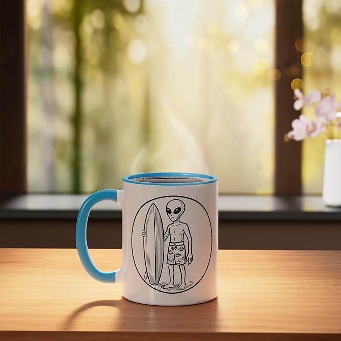Alien with Surfboard Ceramic Mug, Blue/White