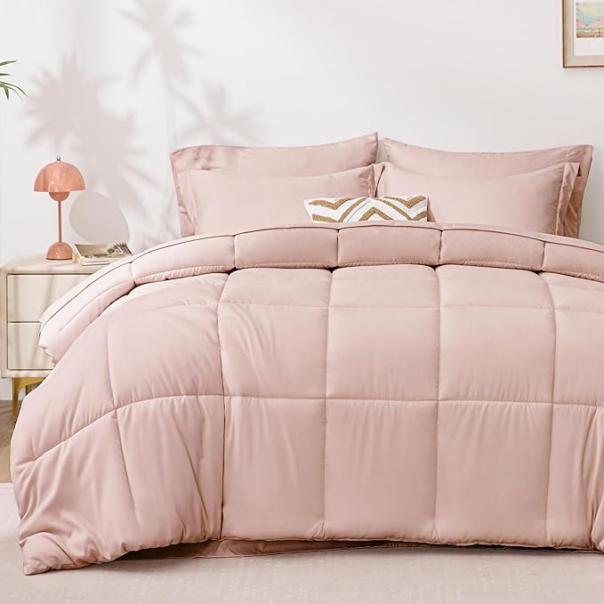 Love's cabin Twin Comforter Set Blush Pink, 5 Pieces Twin Bed in a Bag, All Season Bedding Sets with 1 Comforter, 1 Flat Sheet, 1 Fitted Sheet, 1 Pillowcase and 1 Pillow Sham | Soft, Breathable, Lightweight, Comfortable