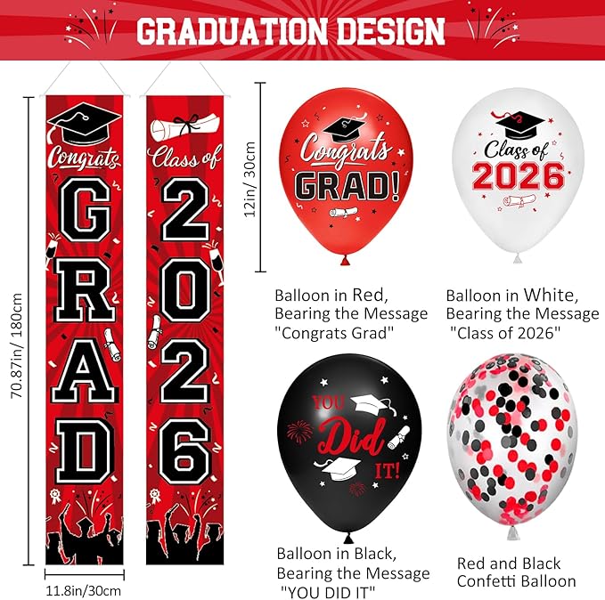 Graduation Decorations Class of 2026 - Red Graduation Party Supplies with Congrats Grad Backdrop & Banner, Hanging Swirls, Porch Sign, Balloons for High School & College Celebrations