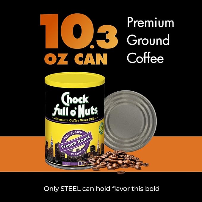 Chock Full o' Nuts French Roast Ground Coffee – Premium Beans in Recyclable Steel Can – Rich Flavor & Aroma, Dark Roast – Perfect for Drip, Pour-Over, Percolator – 10.3 Oz Can