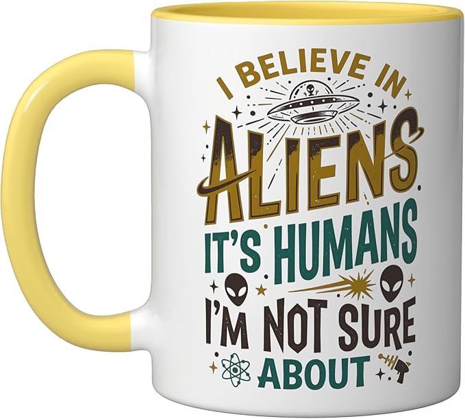Alien Believer UFO Extraterrestrial Space Lover Ceramic Mug, Yellow/White
