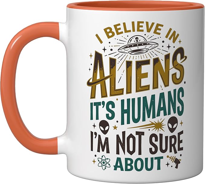 Alien Believer UFO Extraterrestrial Space Lover Ceramic Mug, Orange/White