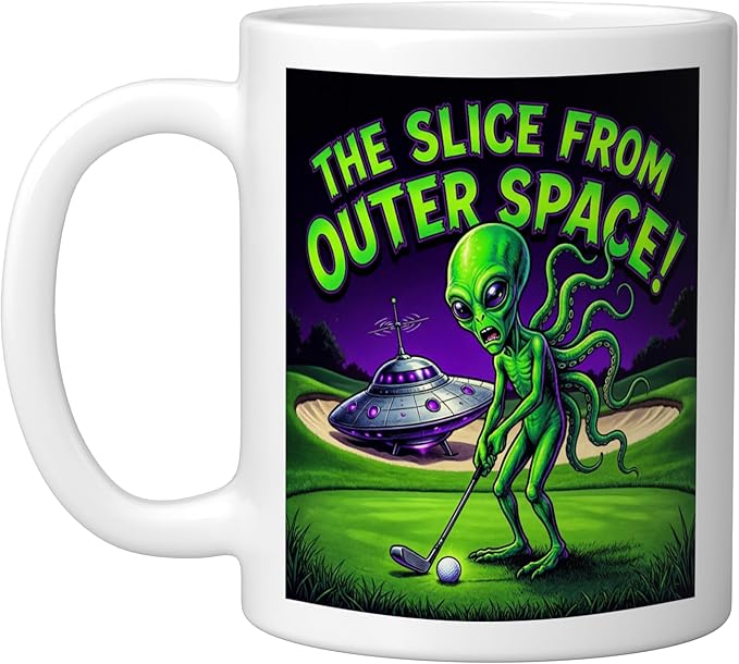 Funny Golfing Alien The Slice From Outer Space Retro UFO Ceramic Mug, White