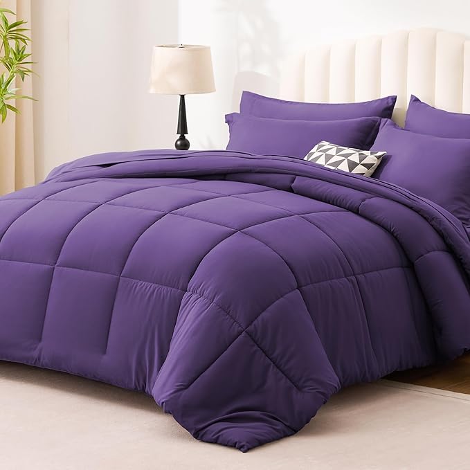 Love's cabin California King Comforter Set Dark Purple, 7 Pieces California King Bed in a Bag, All Season Bedding Sets with 1 Comforter, 1 Flat Sheet, 1 Fitted Sheet, 2 Pillowcase and 2 Pillow Sham | Soft, Breathable, Lightweight, Comfortable