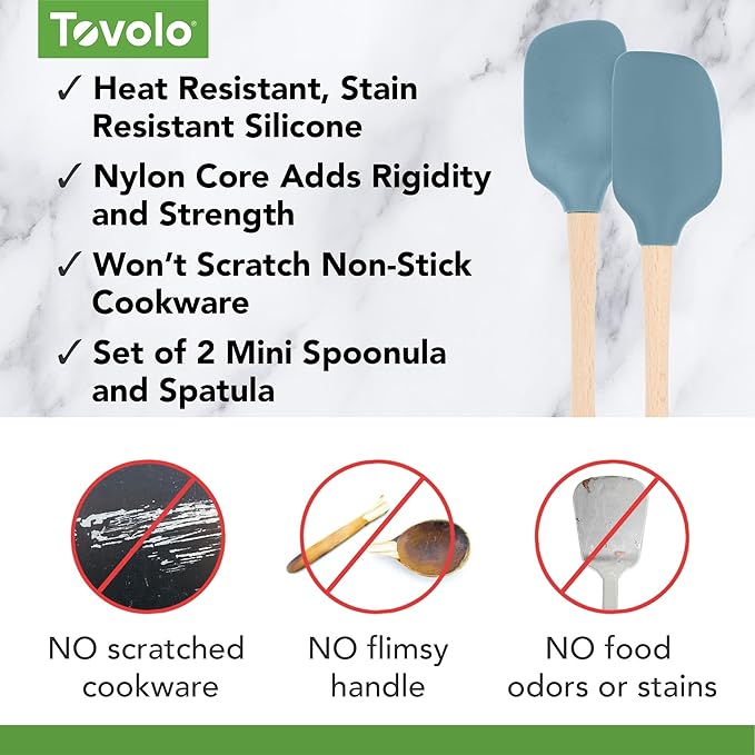 Tovolo Mini Spoon Spatula Wooden Handle Set for Cooking and Baking, Heat Resistant Safe for Cast Iron BPA Free Silicone Mixing Tool Natural Wood Perfect for Scraper Mixing Spooning, Blue Slate