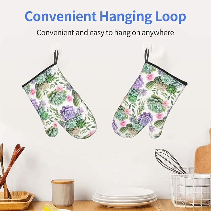 Succulents Oven Mitts of 2 Pack, Funny Kitchen Gloves Heat Resistant Non-Slip Kitchen Mitts for Cooking Baking Grilling