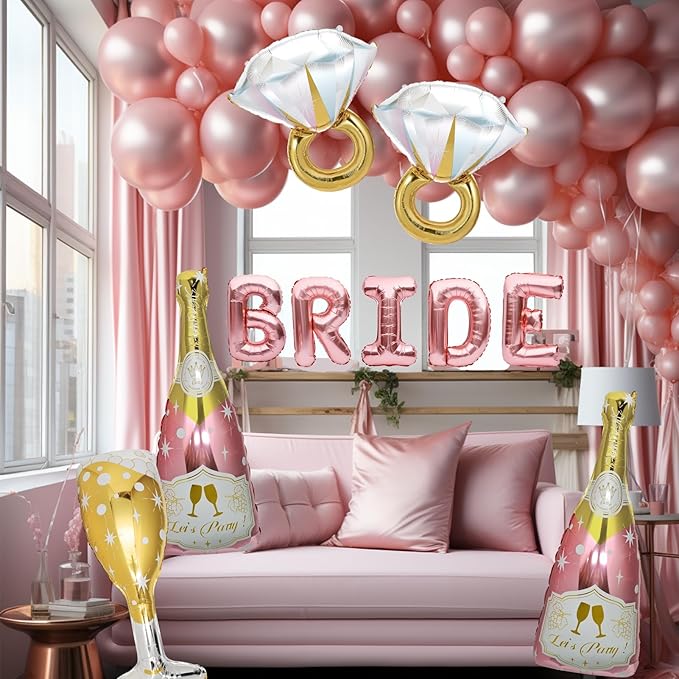4 Pcs Bachelorette Balloons, Huge Rose Gold Champagne Bottle Diamond Ring Goblet Aluminum Foil Balloons for Bachelorette Party, Bridal Shower, Wedding, Engagement Party Decorations Supplies